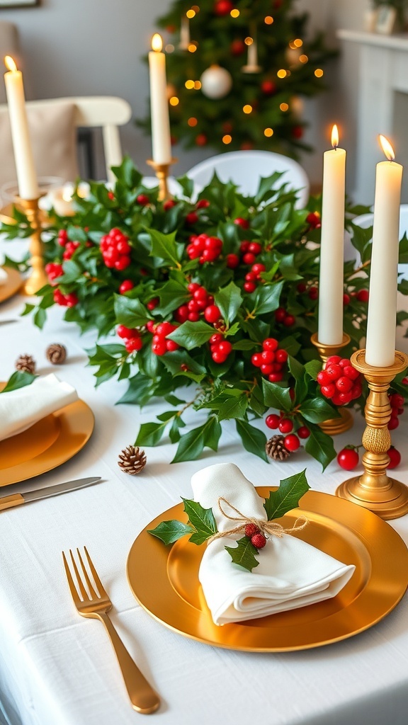 Holly Christmas Table Decorations A festive Christmas table setting with holly decorations, candles, and elegant tableware.